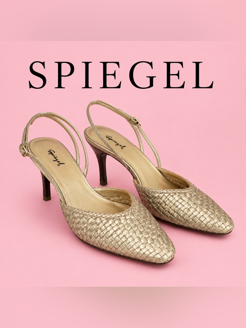 Spiegel Leather Metallic Gold Woven Slingback Heels
